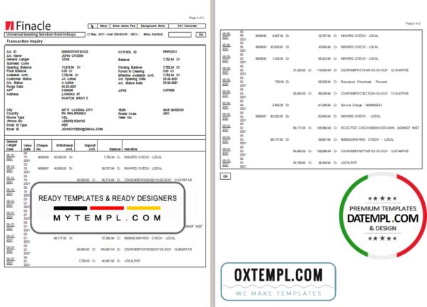 editable template, India Finacle bank statement in Excel and PDF format (2 pages)
