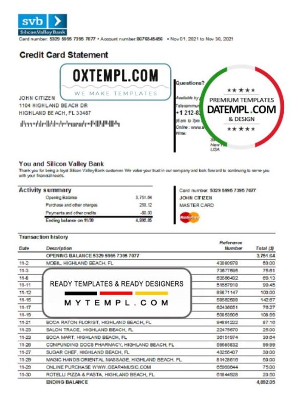 editable template, USA Florida Silicon Valley bank credit card statement template in Excel and PDF format