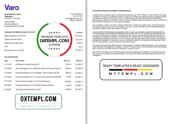 editable template, USA California Varo bank statement template in Excel and PDF format (2 pages)