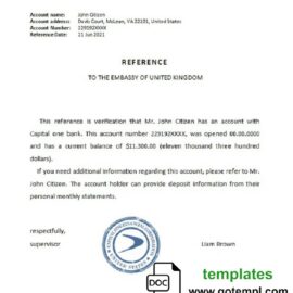 editable template, USA Capital One bank account reference letter template in Word and PDF format