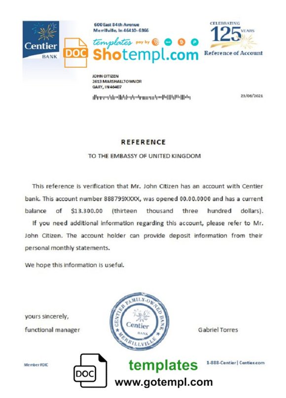 editable template, USA Centier Bank bank account reference letter template in Word and PDF format