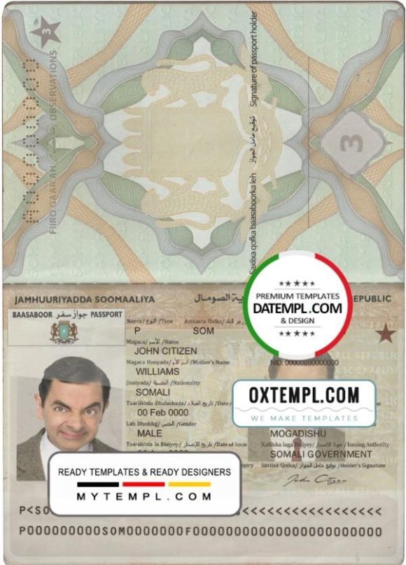editable template, Somalia (Soomaaliya) passport template in PSD format, fully editable