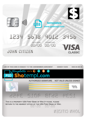 editable template, USA First Bank of Wiki visa classic card fully editable template in PSD format