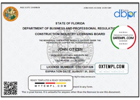 editable template, USA Florida Contractor Business license template in Word and PDF format