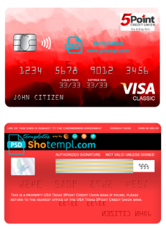 editable template, USA Texas 5Point Credit Union bank visa classic card, fully editable template in PSD format
