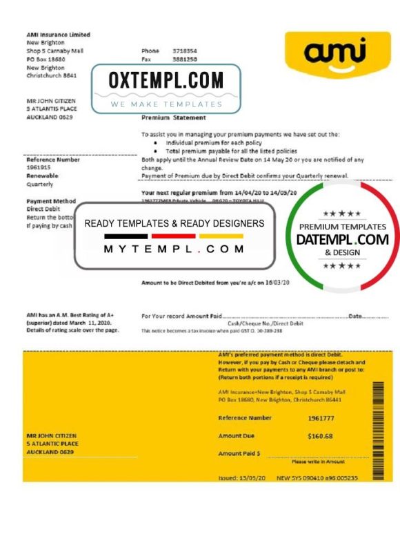 editable template, New Zealand Ami Insurance Limited bank statement template in Word and PDF format