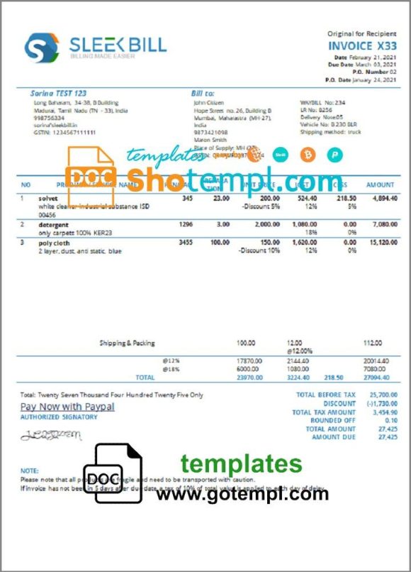 editable template, India Sleek Bill invoicing software company invoice template in Word and PDF format, fully editable