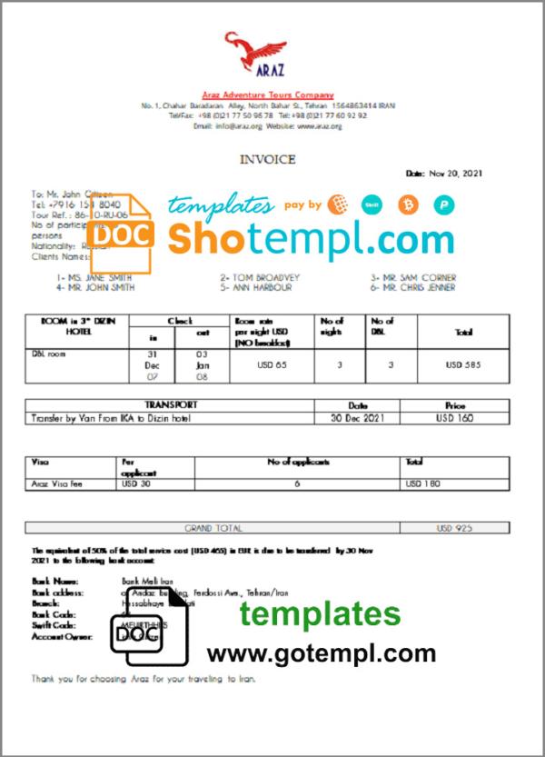 editable template, Iran Araz Tours Company invoice template in Word and PDF format, fully editable