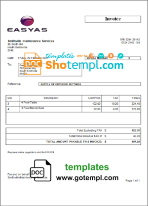 editable template, USA Easyas Driver Training invoice template in Word and PDF format, fully editable