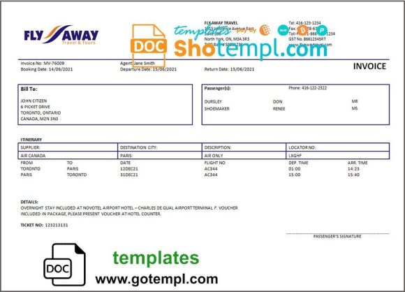 editable template, USA Fly Away Travel agency invoice template in Word and PDF format, fully editable USA Fly Away Travel agency invoice template in Word and PDF format, fully editable
