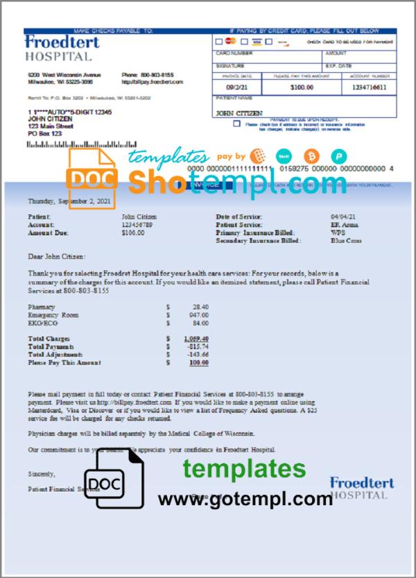 editable template, USA Froedtert Hospital invoice template in Word and PDF format, fully editable