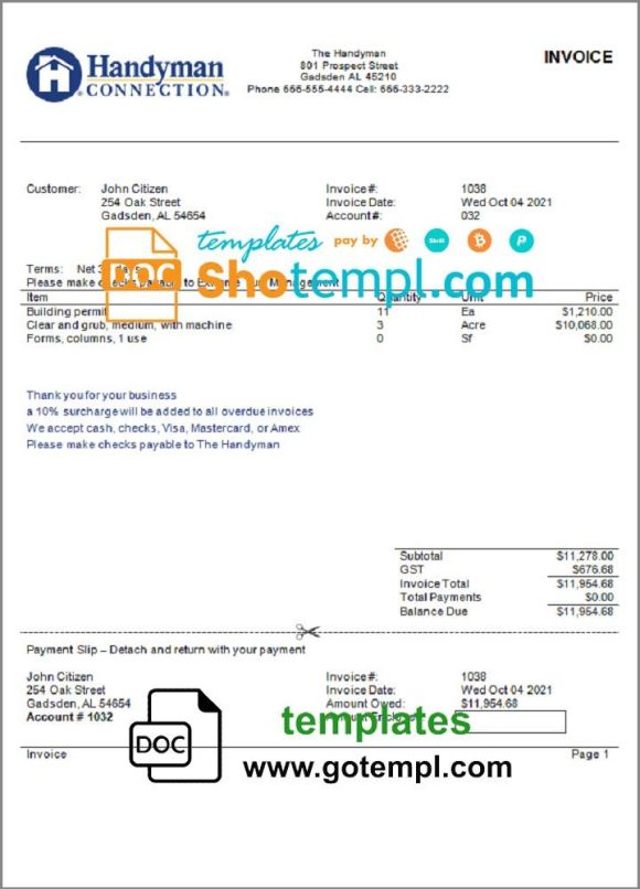 editable template, USA Handyman Home Service Company invoice template in Word and PDF format, fully editable