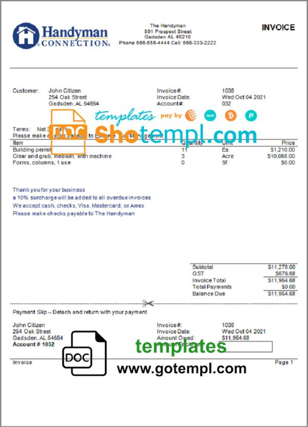 editable template, USA Handyman Home Service Company invoice template in Word and PDF format, fully editable