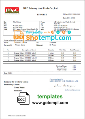 USA MEC Industry and Trade Co invoice template in Word and PDF format, fully editable