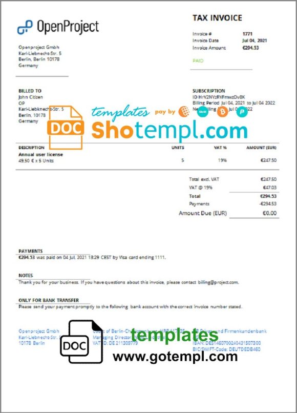 editable template, Germany OpenProject leading open source project management software invoice template in Word and PDF format, fully editable