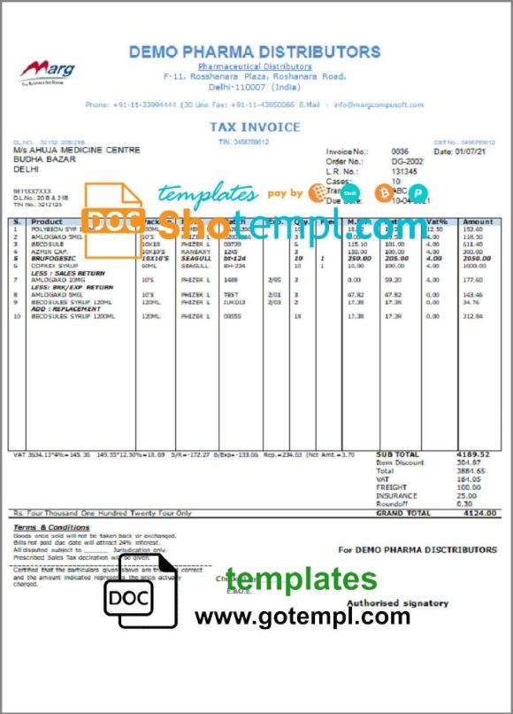 editable template, India Demo Pharma Distributor medicine consultancy services invoice template in Word and PDF format, fully editable