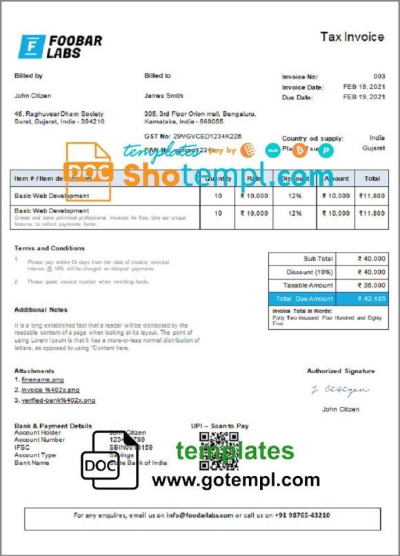 editable template, India Foobar Labs Information Technology Company invoice template in Word and PDF format, fully editable, version 1