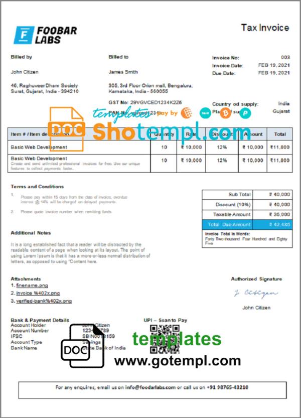 editable template, India Foobar Labs Information Technology Company invoice template in Word and PDF format, fully editable, version 1