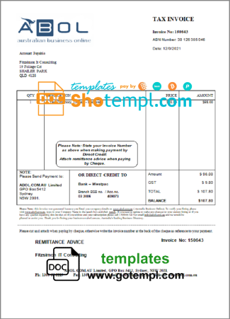 editable template, Australia ABOL marketing consultancy company invoice template in Word and PDF format, fully editable