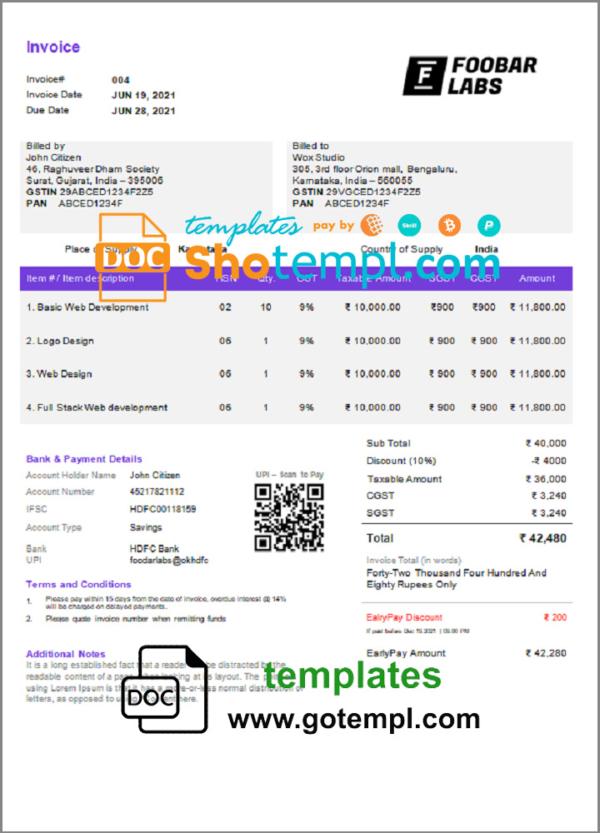 editable template, India Foobar Labs Information Technology Company invoice template in Word and PDF format, fully editable, version 2