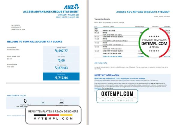 editable template, Australia ANZ proof of address bank statement template in .doc and .pdf format, 2 pages