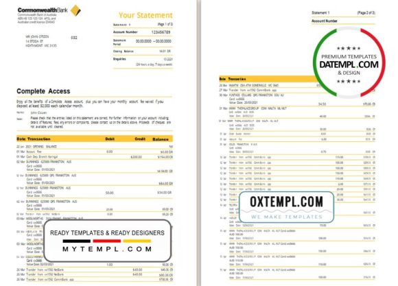 editable template, Australia Commonwealth bank statement template in Excel and PDF format (3 pages), version 2