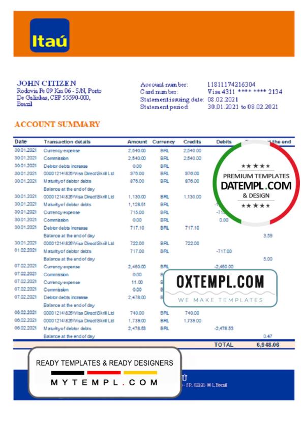 editable template, Brazil Itau bank statement template in Excel and PDF format, fully editable
