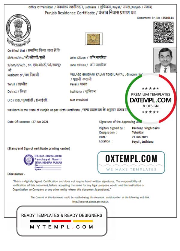 editable template, India Government of Punjab Residence Certificate template in Word and PDF format