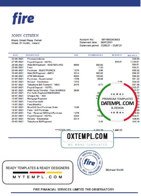editable template, Ireland Fire Financial Services Limited account statement template in Excel and PDF format