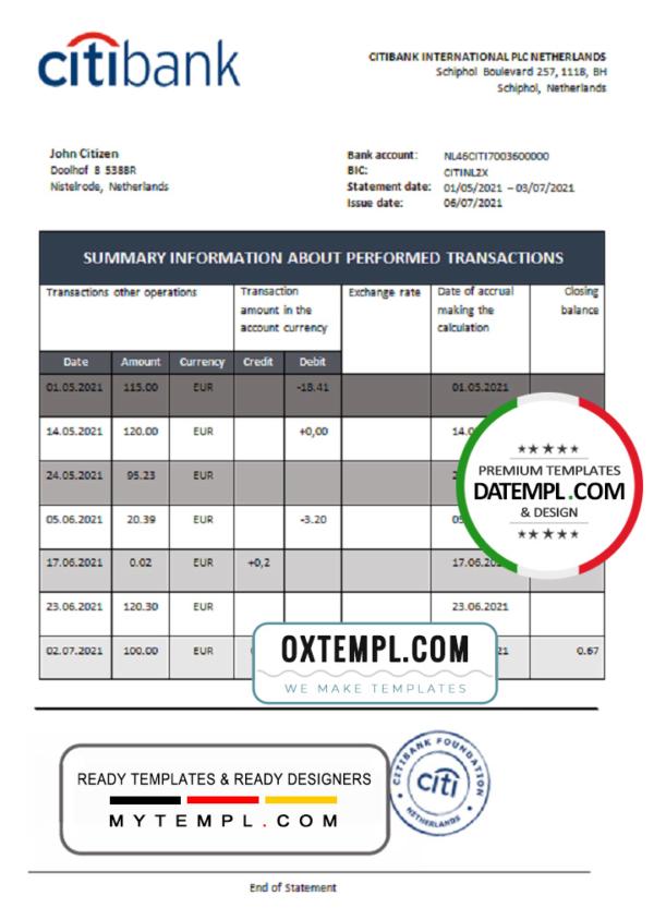 editable template, Netherlands Citibank bank statement template in .xls and .pdf file format