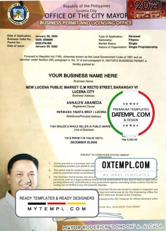 editable template, Philippines City of Lucena private entrepreneur certificate template in PSD format