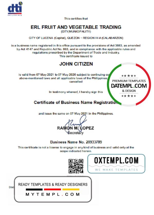 editable template, Philippines Department of Trade and Industry (DTI) private entrepreneur certificate template in Word and PDF format