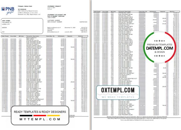 editable template, Philippines PNB bank statement template in Excel and PDF format (4 pages)