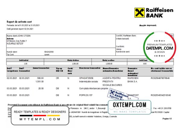 editable template, Romania Raiffeisen bank statement template in Excel and PDF format