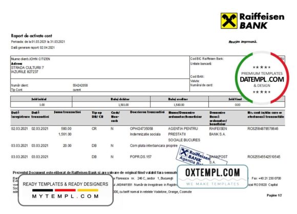 editable template, Romania Raiffeisen bank statement template in Excel and PDF format