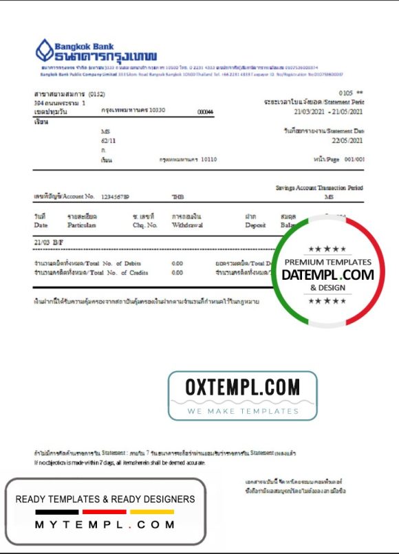 editable template, Thailand Bangkok bank account statement template in Excel and PDF format