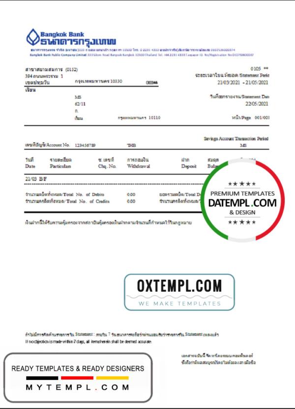 editable template, Thailand Bangkok bank account statement template in Excel and PDF format