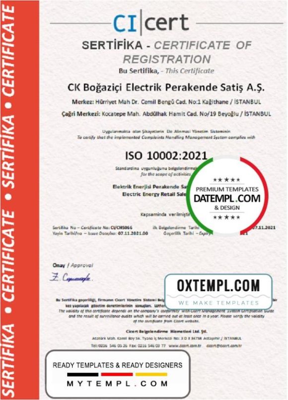 editable template, Turkey Cicert certificate template in Word and PDF format, fully editable