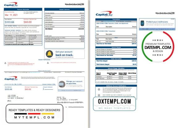 editable template, USA Capital One bank statement template in Excel and PDF format (2 pages) version 3