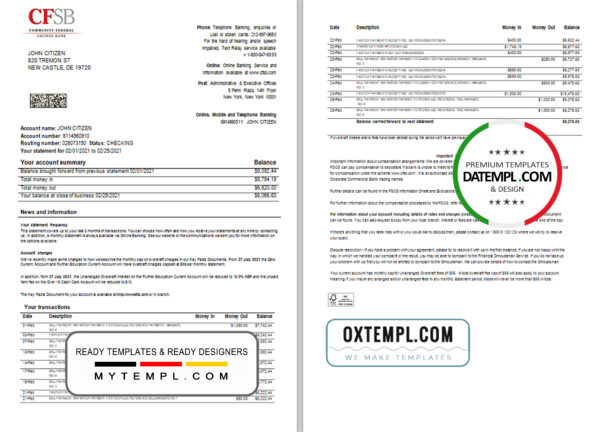 editable template, USA New York CFSB bank statement template in Word and PDF format, 2 pages