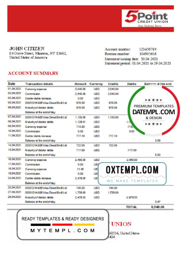 editable template, USA Texas 5Point bank statement template in Excel and PDF format