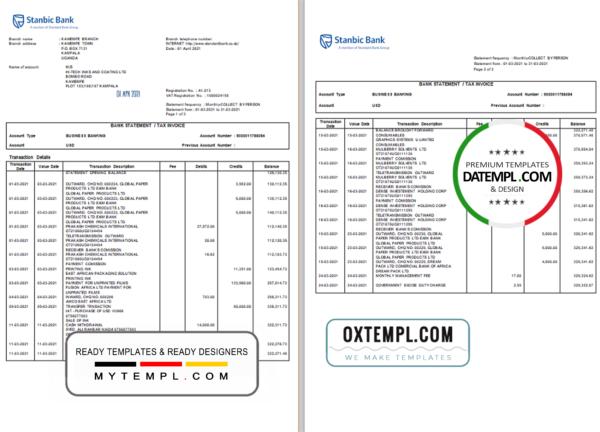 editable template, Uganda Stanbic bank statement template in Excel and PDF format (3 pages)