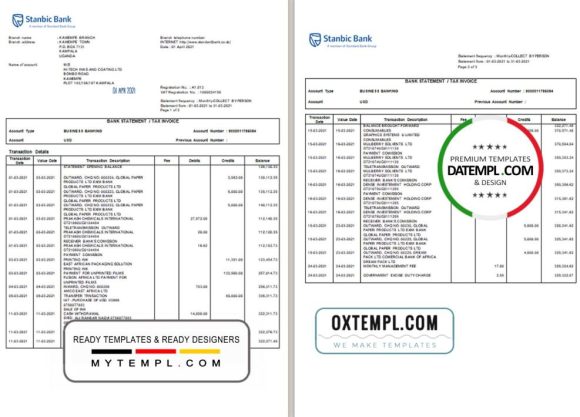 editable template, Uganda Stanbic bank statement template in Excel and PDF format (3 pages)