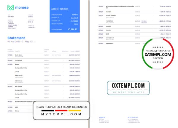 editable template, United Kingdom Monese bank statement template in Excel and PDF format, 2 pages
