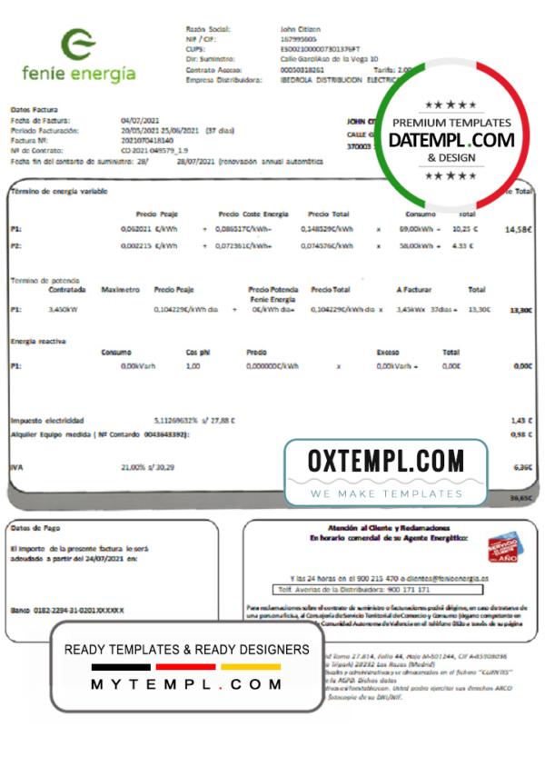 editable template, Spain Feníe Energía utility bill template in Word and PDF format