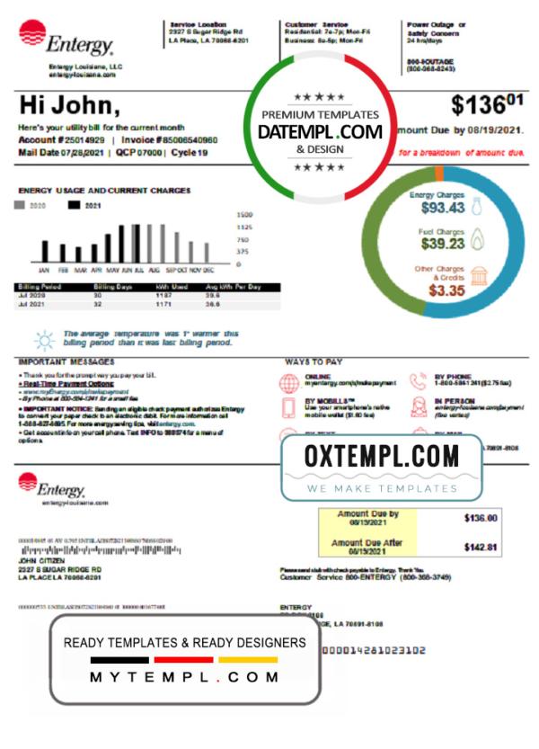 editable template, USA Louisiana Entergy utility bill template in Word and PDF format, version 2