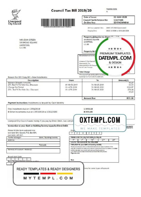 editable template, United Kingdom Liverpool City Council tax bill template in Word format