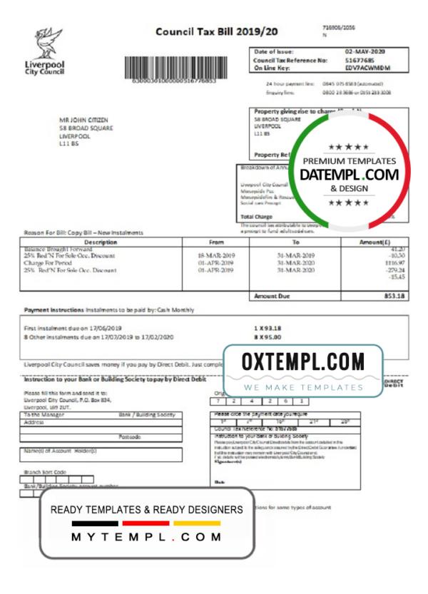 editable template, United Kingdom Liverpool City Council tax bill template in Word format