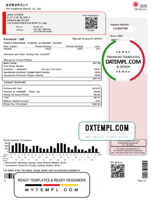 editable template, Hong Kong Hongkong Electric Company utility bill template in Word and PDF format
