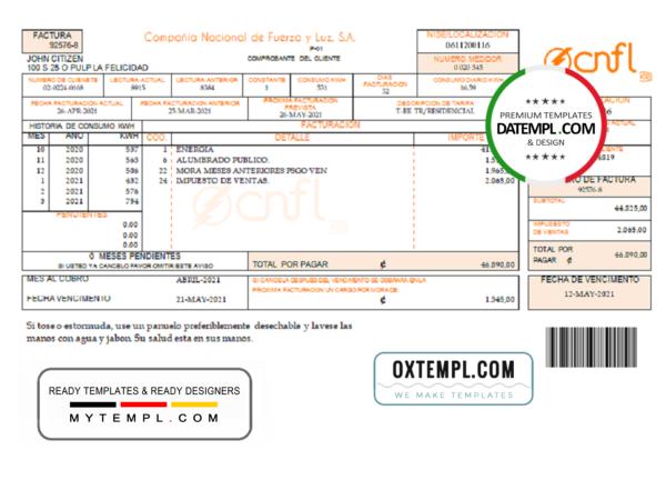editable template, Costa Rica Compañía Nacional de Fuerza y Luz, S.A. (CNFL) utility bill template in Word and PDF format